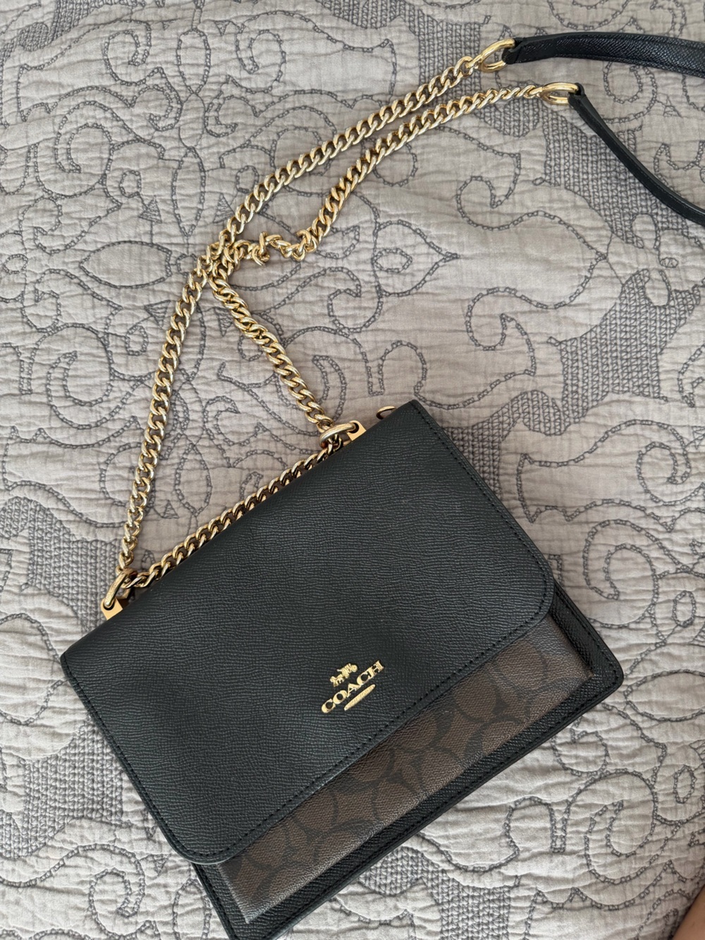Coach Black Leather Shoulder Bag with Brown Signature Canvas and Gold Chain - Picture 5 of 5